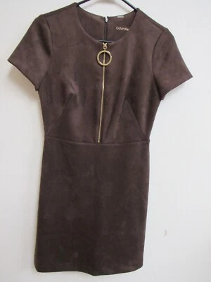 Calvin Klein Brown Knee Length Faux Suede O-Ring Zip Crew Neck Dress Size 4 - Image 1 of 4