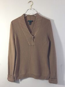 Ralph Lauren Women V Neck Sweater Tan Large Cotton Long Sleeve