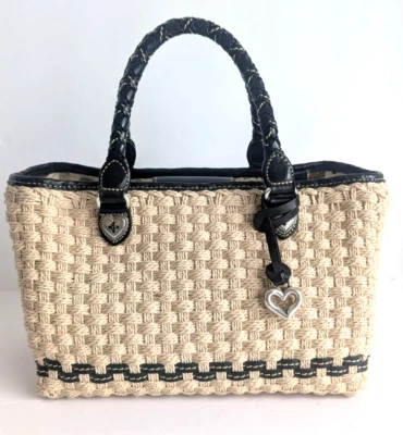 Bolso de Mano Brighton Tejido con Asa de Cuero de Cáñamo Bolso de Playa Beige Negro Plata 12x12x6 Foto 1 de 4