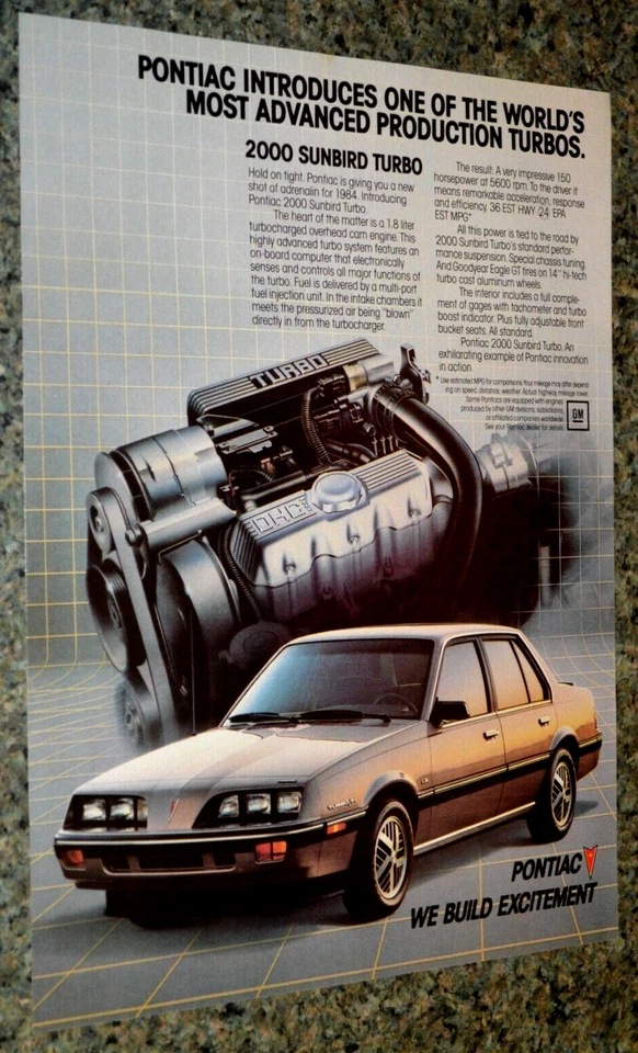Pontiac 2000 Turbo Sunbird 1984 anuncio original impreso motor 84 J2000 Foto 1 de 1