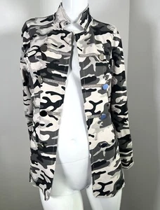 GIGI MODA CAMO BLACK WHITE COTTON MILITARY JACKET SILVER TRIM STRETCH S/M - Picture 1 of 3
