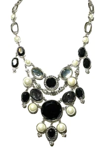 WHBM Black Lace Pearl Crystal Festoon Necklace Bib Statement RETIRED Vintage - Picture 1 of 8