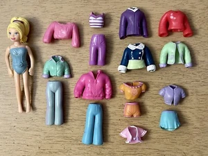 Polly Pocket Rubber Doll and Clothes Lot Pants Jacket Shorts Shirts Bathing Suit - Picture 1 of 14