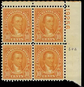 Scott # 642 - US Plate Block Of 4 - Monroe - 10c Orange - **MNH** -1927 - Picture 1 of 1