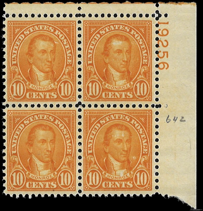 Scott # 642 - US Plate Block Of 4 - Monroe - 10c Orange - **MNH** -1927 - Image 1 of 1