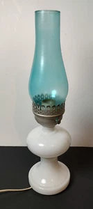 Vintage Milk Glass electrified Oil  Lamp with Frosted Blue chimney - Picture 1 of 7