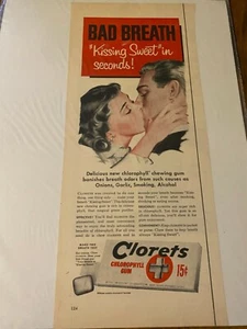 Vintage 1952 Clorets Chlorophyll Gum Kissing Sweet In Seconds ad - Picture 1 of 1