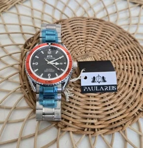Paulareis Automatic Watch 45 mm w SS Bracelet Orange Bezel Black Dial Date - Picture 1 of 9