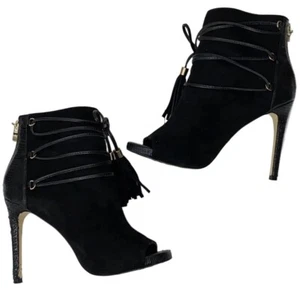 Bebe Sz 6 Black Suede Stiletto Booties With Zip back Tie up Tassel Detail - Picture 1 of 6