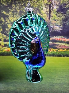 BLOWN GLASS PEACOCK BIRD CHRISTMAS ORNAMENT NWT - Picture 1 of 3