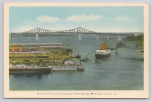 Montreal Canada Quebec Harbor and Jacques Cartier Bridge Steamships Postcard - Picture 1 of 2