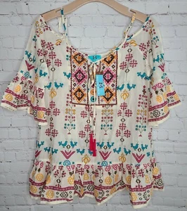 Womens Embroidered Bell Sleeve Ruffles Top Blouse Off shoulder Boho Gypy Sz M  - Picture 1 of 10