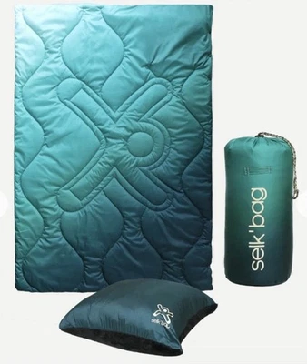 Outdoor Winter Down Camp Sleeping Blanket 50”x70” Blue Green Packable Poncho - Image 1 of 4