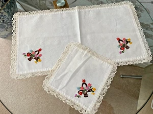 TWO VINTAGE WHITE COTTON  DOILIES FLORAL HAND WORKED EMBROIDERY & LACE 16" x  9" - Picture 1 of 2