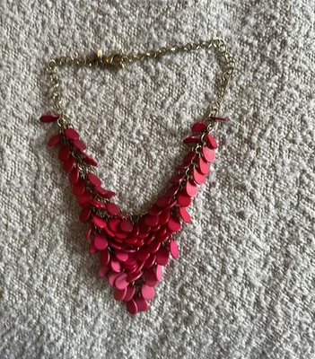 Chicos Red Bib Style Statement Necklace Gold Tone Chain - Christmas Holiday - Image 1 of 4