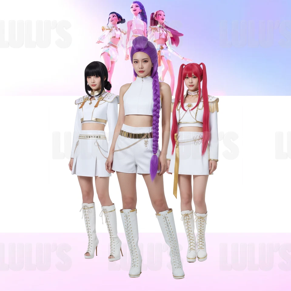 Disfraz de Cazadores de Demonios K-Pop Blanco y Dorado Rumi Zoey y Mira con Pelucas Foto 1 de 4