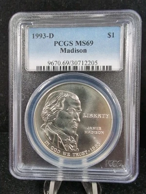 1993 D $1 JAMES MADISON COMMEMORATIVE DOLLAR PCGS MS69  5823 - Image 1 of 2