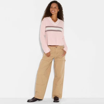 Women's V-Neck Pullover Sweater - Wild Fable Light Pink Rugby Striped M - Image 1 of 3