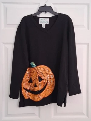 Sudadera Holloween Lentejuelas Jack O'Lantern Cuello en V de Quacker Factory, Para Mujer S Foto 1 de 4