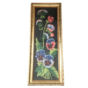 Vintage MCM Floral Needlepoint Framed Black Background Wood Frame Poppies 18x7 - Picture 1 of 16
