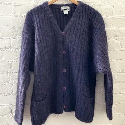 Suéter cardigã vintage anos 90 Express tricot mistura mohair boxy robusto azul roxo G - Imagem 1 de 4