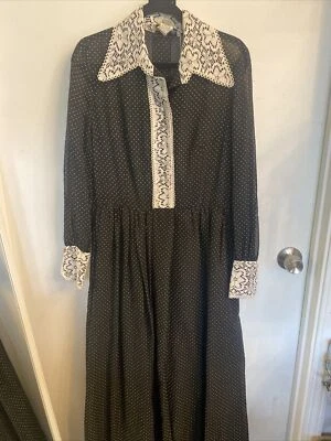 Fred Rothschild Vintage Dress Black Polkadot Chiffon & Lace Maxi Dress - Image 1 of 4