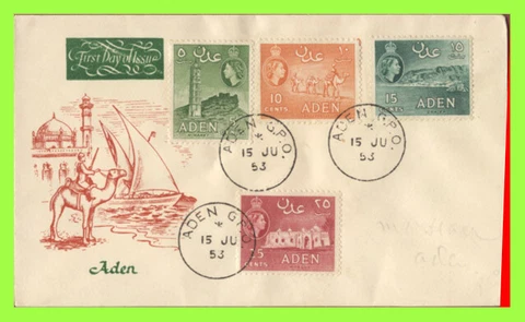 Aden 1953 QEII 5c, 10c, 15c, & 25c definitives on illustrated First Day Cover Cover