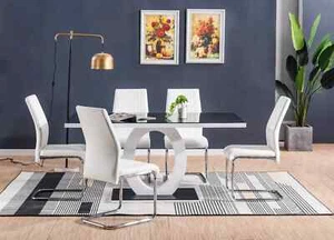 White Gloss Black Glass Dining Table & 6 Faux Leather Dining White Chairs - Picture 1 of 5