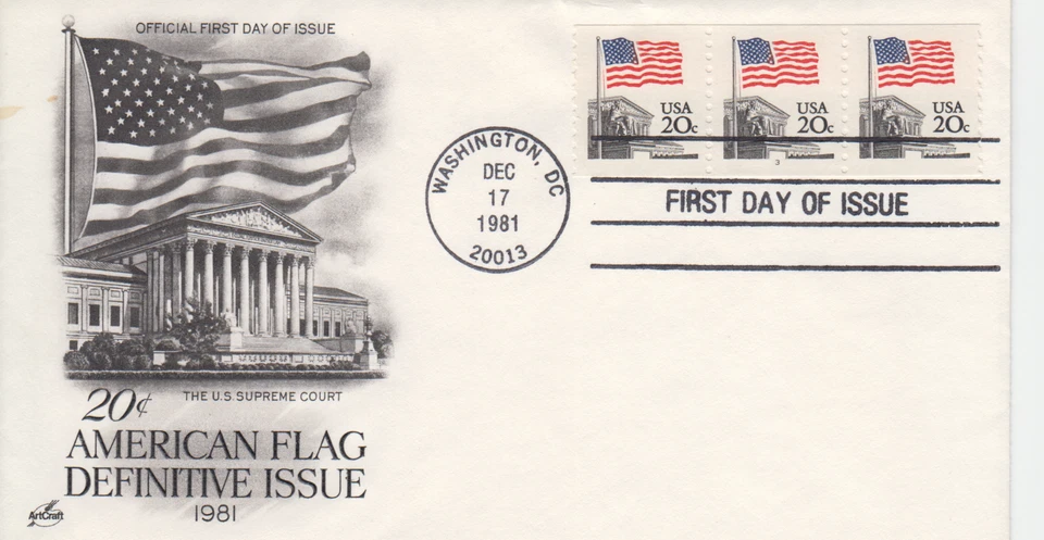 Art Craft Cachet 1981 American Flag FDC, Plate Number 3, PNC Strip of 3, RARE - Image 1 of 1