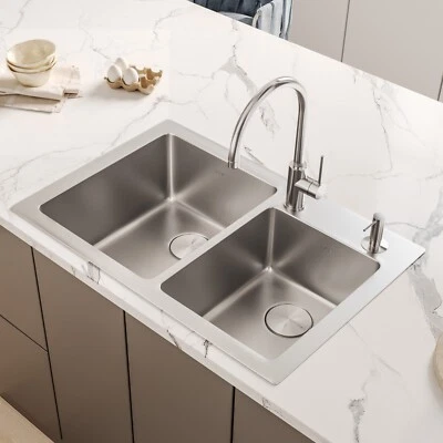 Ruvati 33x22" Drop-in Topmount 16 Gauge Double Bowl Kitchen Sink- RVM5166 - Image 1 of 4