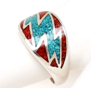 Indianerring 925 Sterling Silber Türkise Koralle Blitz Herrenring Gr. 62 - Picture 1 of 4