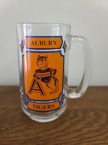RARE Vintage Auburn Tigers Glass Mug Aubie Mascot SEC Old Logo War Eagle Beer Cover