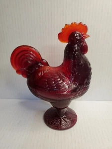 Vintage Ruby Red Amberina Glass Rooster Covered Candy Nut Dish - Picture 1 of 11