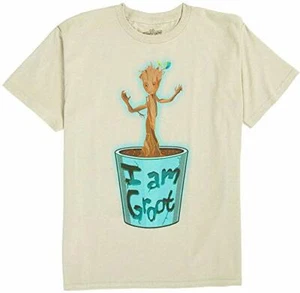 NEW Guardians of the Galaxy Mens T-Shirt - "I Am Groot" Dancing Pot Large L Tan - Picture 1 of 3