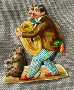 Antique Victorian Scrap Man Playing Horn Cat Brown Coat Green Stripe Pants Tuba? - Picture 1 of 3