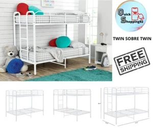 Cama Litera De Metal Twin Sobre Twin Con Barandillas Y Escalera Ideal Para Niños - Picture 1 of 8