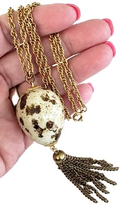 Vintage Quail Egg Pendant Gold Tone Tassel Necklace 23" Brown Beige Rope Chain - Picture 1 of 11