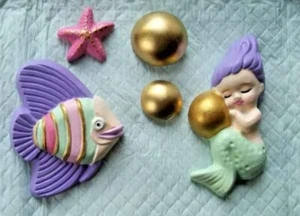 Baby Mermaid Wall Plaques Bubbles Starfish & Fish Vtg Style Grouping #121 - Picture 1 of 1