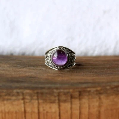 925 Argento Sterling Handmade Forma Rotonda Ametista Gemma Cabochon Anello - Immagine 1 di 4