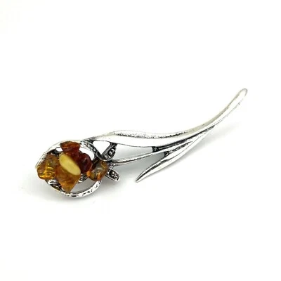 Flower Brooch Decorated With Natural Baltic Amber Stone - Image 1 of 2