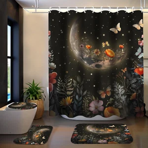 4 Pcs Moon Shower Curtain Set Black Bathroom Sets with Shower Curtain and Rug... - Picture 1 of 6