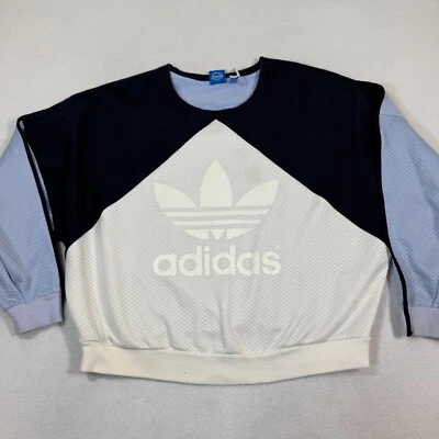 Adidas Crop Sweatshirt Women XL White Black Blue Trefoil Crewneck Colorblock - Image 1 of 4