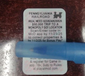Pennsylvania Railroad McDonald’s 2025 Monopoly Juego Pieza #824 Sin canjear - Imagen 1 de 2