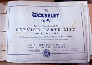 Genuine Wolseley 6/99 & 6/110 Special Supplement SERVICE PARTS LIST Police Cars - Picture 1 of 6