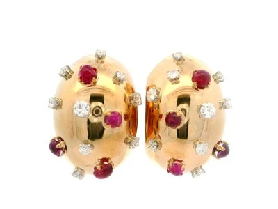 Vintage Lackritz Yellow Gold Diamond & Ruby Domed Cuff Sputnik Earrings - Image 1 of 4