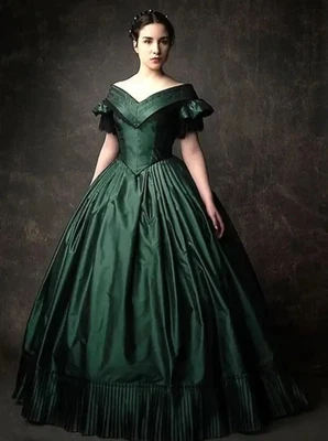 Victorian Wedding Dress Medieval Queen Costume Dark Green With Black Civil War - Image 1 of 4