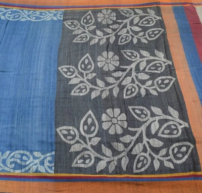 Tela artesanal de sari indio 100 % lana pura tejido floral azul vintage de Sushila Foto 1 de 4