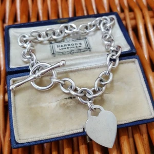 Pulsera de plata de ley 925 vintage, pulsera de cadena con dije de corazón, palanca, 8" - Imagen 1 de 8
