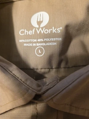 Chefworks Mens Chef Logo Longsleeve Tan Cutlery Button Down Shirt Size- Large - Image 1 of 4