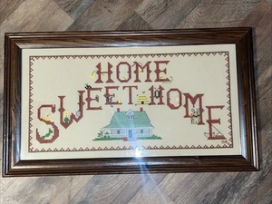 Vintage Kreuzstich Handarbeit Home Sweet Home gerahmt schön 22,5x13" - Bild 1 von 17